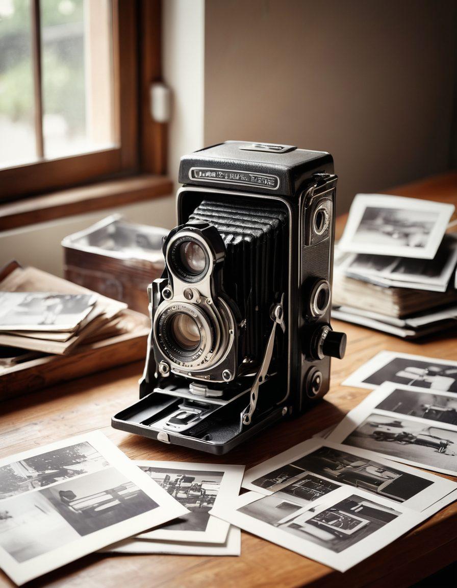 A vintage film camera resting on a wooden table, surrounded by scattered black and white photographs capturing timeless moments. Soft natural light streams through a nearby window, creating a nostalgic atmosphere, while a roll of film and photo development equipment are subtly included in the background. The warm tones evoke a sense of memory and artistry. painting. vintage style. soft focus.