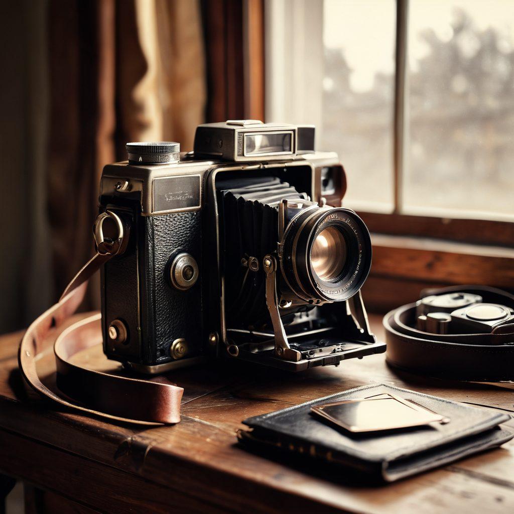 A vintage camera sitting on a rustic wooden table, surrounded by classic film rolls, a lens, and a leather camera bag. Soft golden light filters through the window, casting an inviting glow. In the background, an old black-and-white photo hangs on the wall, hinting at a rich history of photography. super-realistic. warm colors. vintage style.