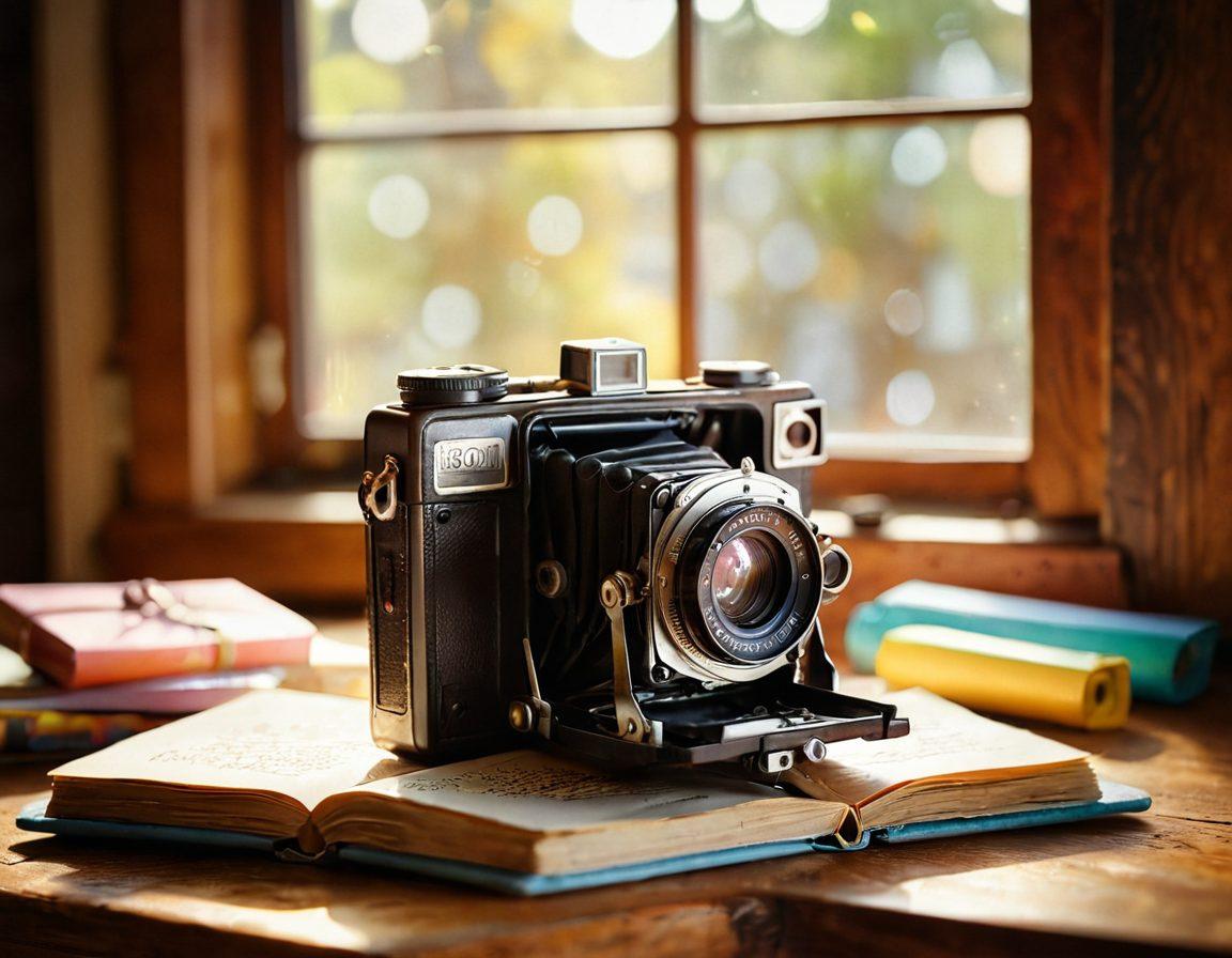 An enchanting scene showcasing a vintage film camera resting on a wooden table surrounded by rolls of colorful film, an open notebook filled with handwritten notes, and a soft light filtering through a window casting warm shadows. Emphasize the textures of the camera and film, evoking a sense of nostalgia and creativity. Include a subtle bokeh effect in the background. super-realistic. warm tones. soft focus.